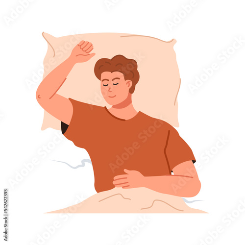 Set of happy people lying with pillows and blankets, sleeping alone in beds. Asleep men. Deep dream and bedtime concept. Flat vector illustration isolated on white background.