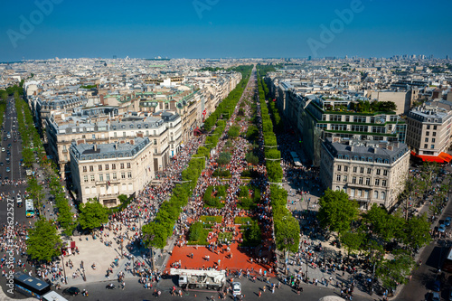 Paris, France, Aerial View, High Angle, Avenue Champs-Elysées, Farmers Urban Farm Event, Crowd on Street
