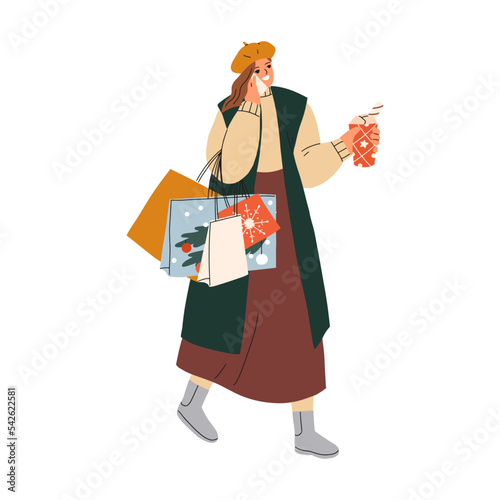 Happy woman going with Christmas shopping bags, speaking on mobile phone, holding takeaway drink. Girl walking, carrying winter holiday purchases. Flat vector illustration isolated on white background