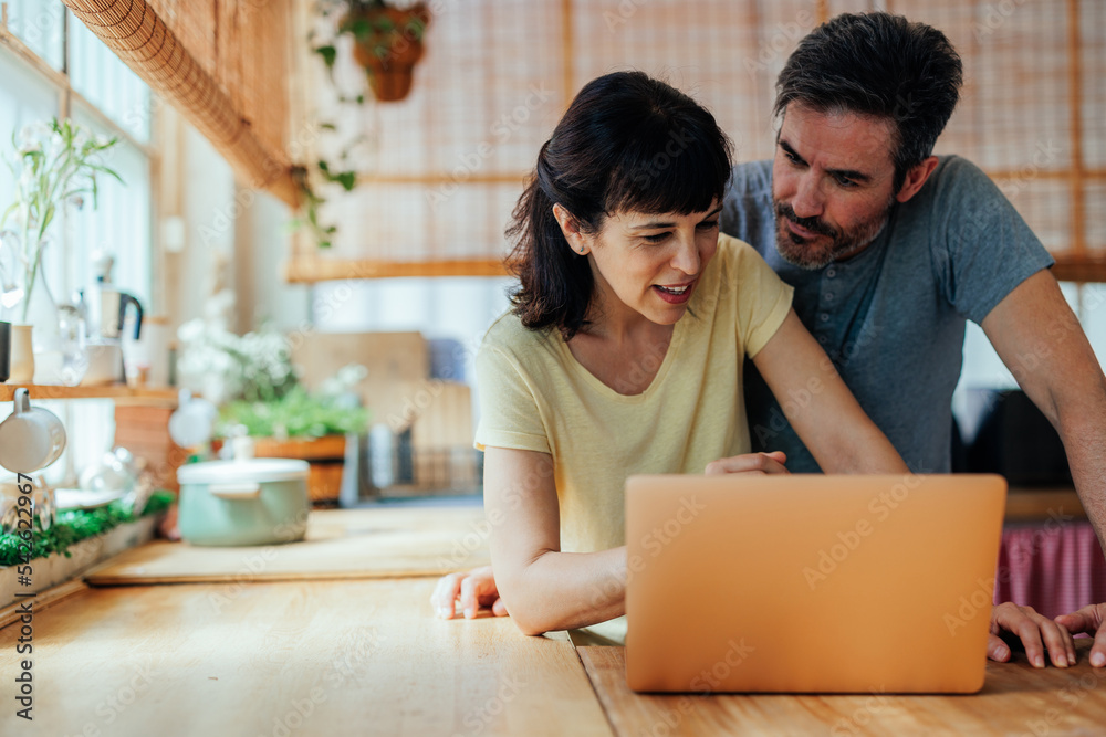 Middle age couple using their laptop at home Middle age couple using their laptop at home