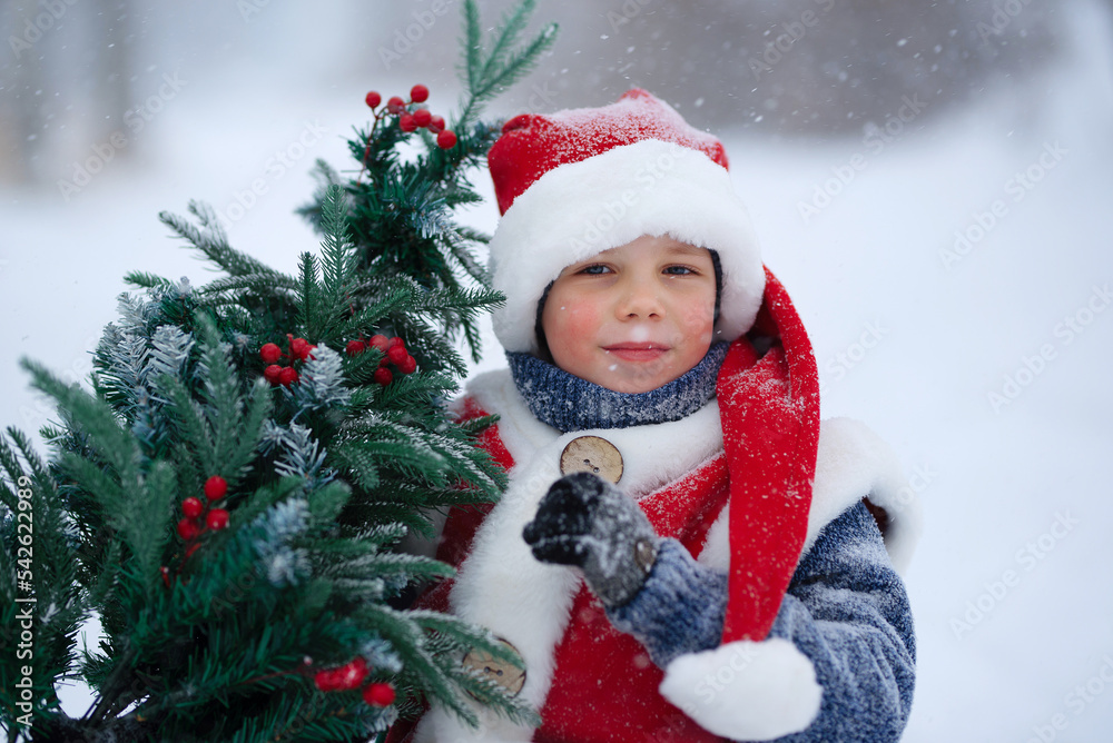 A child in a New Year's costume, in a snowfall carries a Christmas tree to Santa Claus. a New Year's tale. A child in a New Year's costume, in a snowfall carries a Christmas tree to Santa Claus. a New Year's tale.