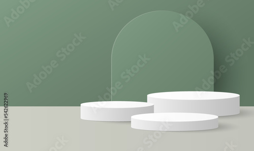 Paper cut of minimal scene with cylinder podium on green background. Product presentation, mock up, show cosmetic. Vector illustration