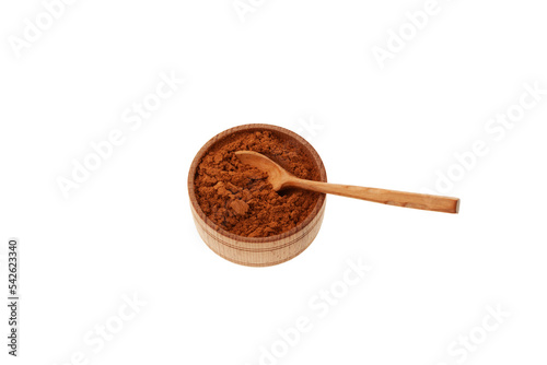 Aguaje powder in wooden bowl isolated on white background. Rich in phytoestrogens, aguaje can relieve menstrual discomforts as well as symptoms of estrogen deficiency during menopause photo