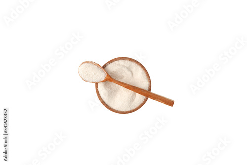 Malic acid or oxyantaric acid powder in wooden bowl and spoon on white background, top view. Food additive E296, preservative used in the preparation of soft drinks and confectionery photo