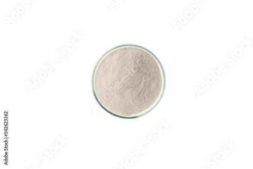 Malic acid or oxyantaric acid powder in Petri dish on white background, top view. Food additive E296, preservative used in the preparation of soft drinks and confectionery. Chemical formula C4H6O5 photo