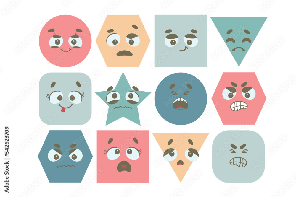 Obraz premium Expressive eyes and mouth, smiling, crying, surprised character. abstract Emoticons set. comic Faces various Emotions. Flat design. Emoji faces emoticon smile, feelings, chat messenger cartoon emotes