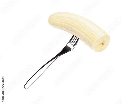 Banana on fork isolated on white