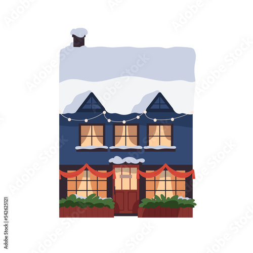 Christmas building with festive ornament, decoration. House decorated with wi...
