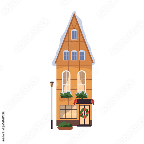 Winter building facade with Christmas holiday decoration. Europe house, archi...