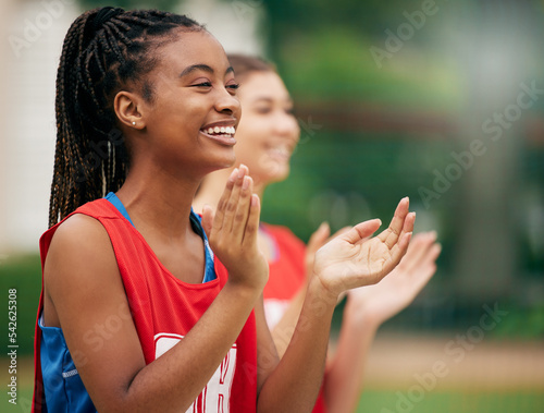Black woman, sports cheerleader and applause for team in support, motivation or positive attitude in the outdoors. African American female clapping in sport activity, motivate and encouragement