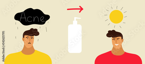 Young man or boy with acne, pimples, blackheads. Skin Teenager conditions concept. Flat doodle cartoon vector illustration for banner 