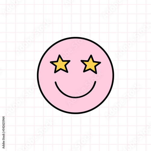 Cute pink smile icon with star eyes in the style of the 90s. Vector hand-drawn doodle illustration isolated on white background. Nostalgia for the 1990s. Perfect for cards, decorations, logo, stickers