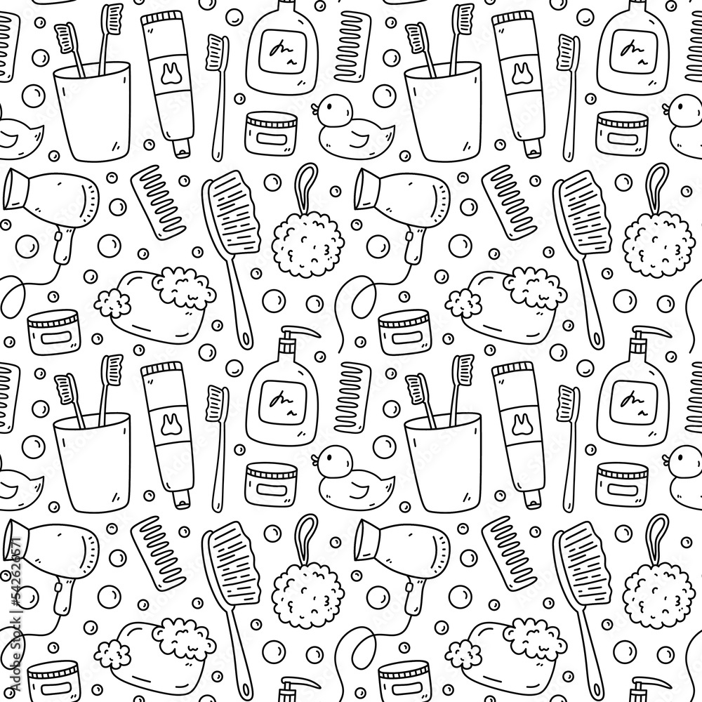 Seamless pattern with bath accessories - shampoo, rubber duck