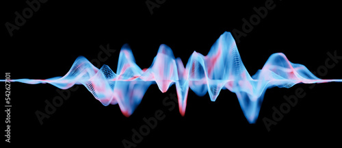 Illustration of abstract wireframe sound waves, visualization of frequency signals audio wavelengths, conceptual futuristic technology waveform background with copy space for text photo