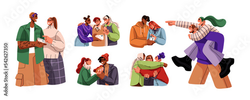 Happy best friends, love couples set. Friendship concept. Men, women having fun, talking, laughing, relaxing, meeting, spending time together. Flat vector illustrations isolated on white background