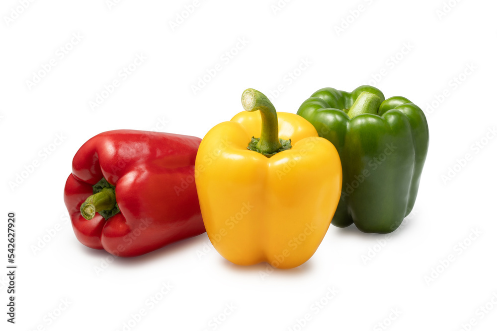 a group of three colored sweet peppers on a white a group of three colored sweet peppers on a white