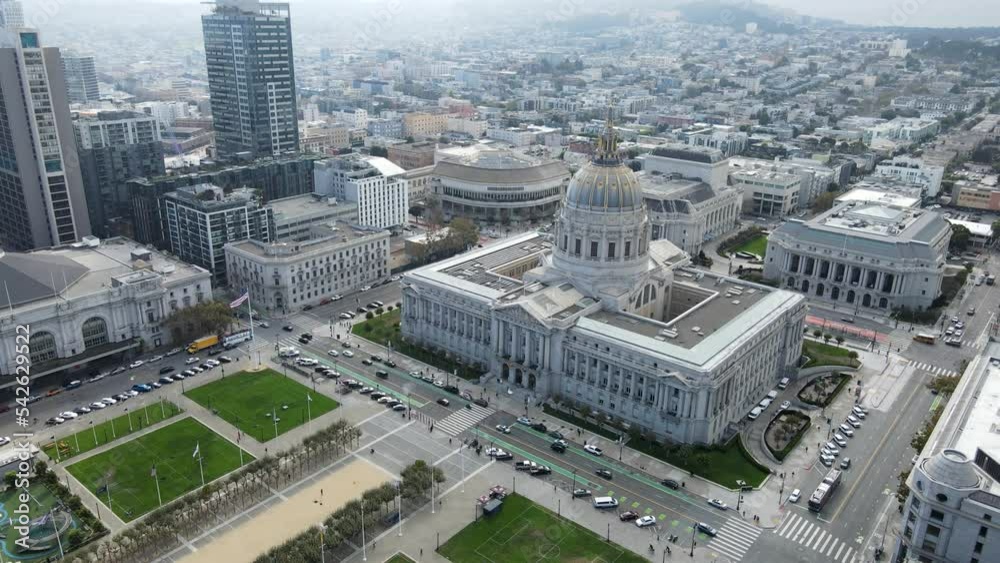 Aerial shot of San Francisco City Hall located in civic center. Beaux-Arts architecture located in the city's civic center.