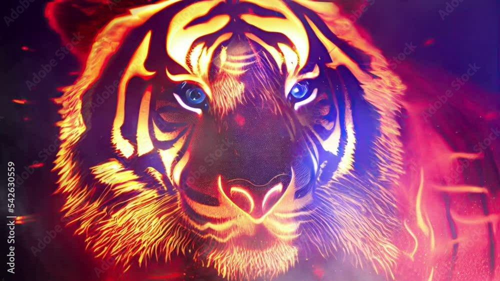 Head of a fire tiger made of glowing embers. Close-up isolated on black background with copy space. Chinese tiger zodiac sign.