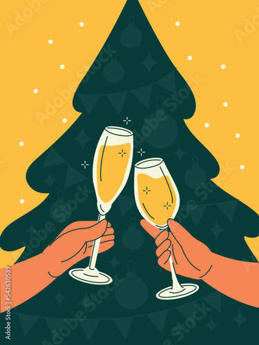 Merry Christmas and happy New Year poster or banner. Cheers or festive toast with champagne on background of silhouette of Christmas tree. Hands with alcohol drinks. Colorful flat vector illustration.