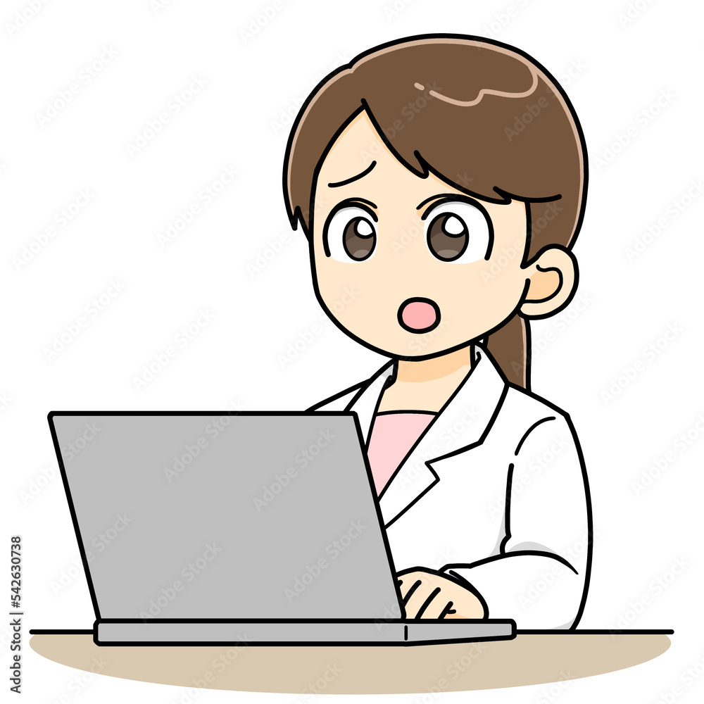 困った顔でパソコンを打ち込む白衣の女性