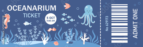 Vector Oceanarium ticket template design. Admit one ticket. Template of Aquarium ticket.
