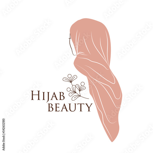 Woman in hijab. Vector logo in minimal style for boutique fashion or business. Female portrait, beautiful woman's face. Hand-drawn line art illustration.