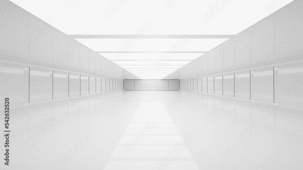 Fototapeta premium White futuristic tunnel leading to light. Wide angle. Modern style abstract 3d rendered background.