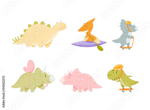 Cute dinosaurs performing summer sports and outdoor activities set. Cute dino canoeing  riding skateboard and kick scooter cartoon vector illustration