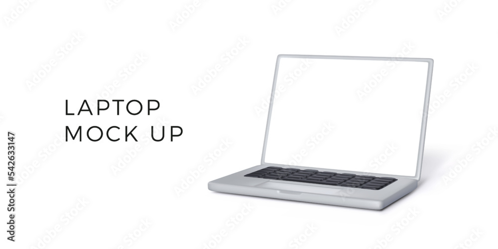 3D silver opened laptop with black keyboard with clean white screen. Realistic render of modern portable computer mock up 3D silver opened laptop with black keyboard with clean white screen. Realistic render of modern portable computer mock up