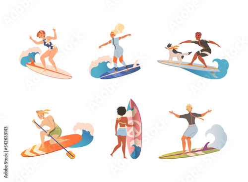 Set of people in swimwear surfing in sea or ocean. Happy surfers in swimwear riding surfboards vector illustration