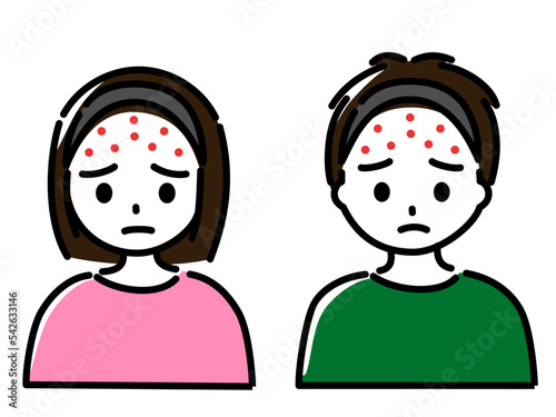 ニキビに悩む小学生から中学生くらいの女の子と男の子のセット