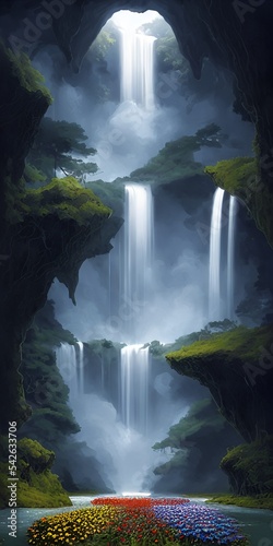 magical waterfall in the night fantasy illustration