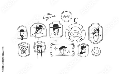 Hand drawn abstract vector graphic clipart illustration cowgirl in hat portraits set.Western female design concept.Bohemian wild west contemporary art.Cowboy girl modern drawing.American cowgirl logo.