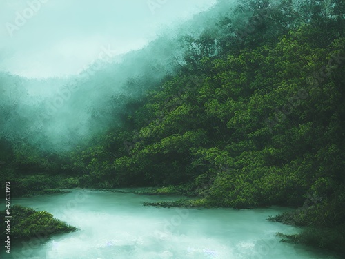 river in the forest fantasy illustration