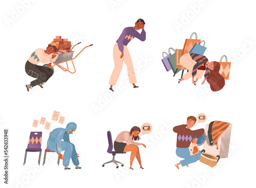 Exhausted tired people set. Professional burnout syndrome. Stressed persons, overworked employees vector illustration