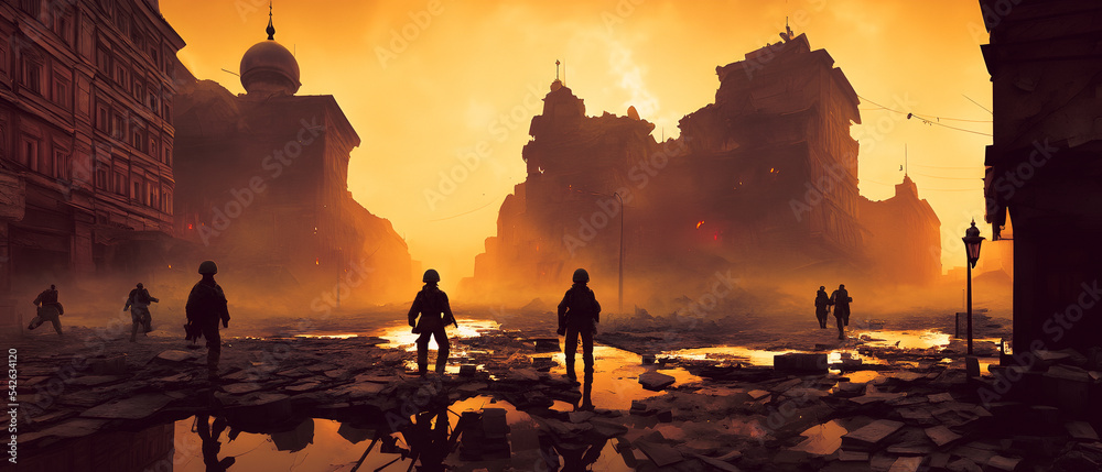 Concept illustration of a destroyed city after war, background illustration.