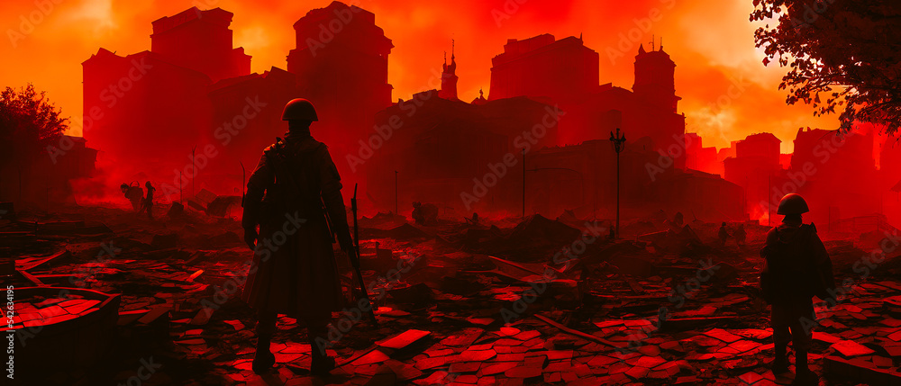 Fototapeta premium Concept illustration of a destroyed city after war, background illustration.