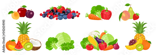 Fruits, vegetables and berries set. Vector heaps of fresh healthy food. Cartoon flat illustration.