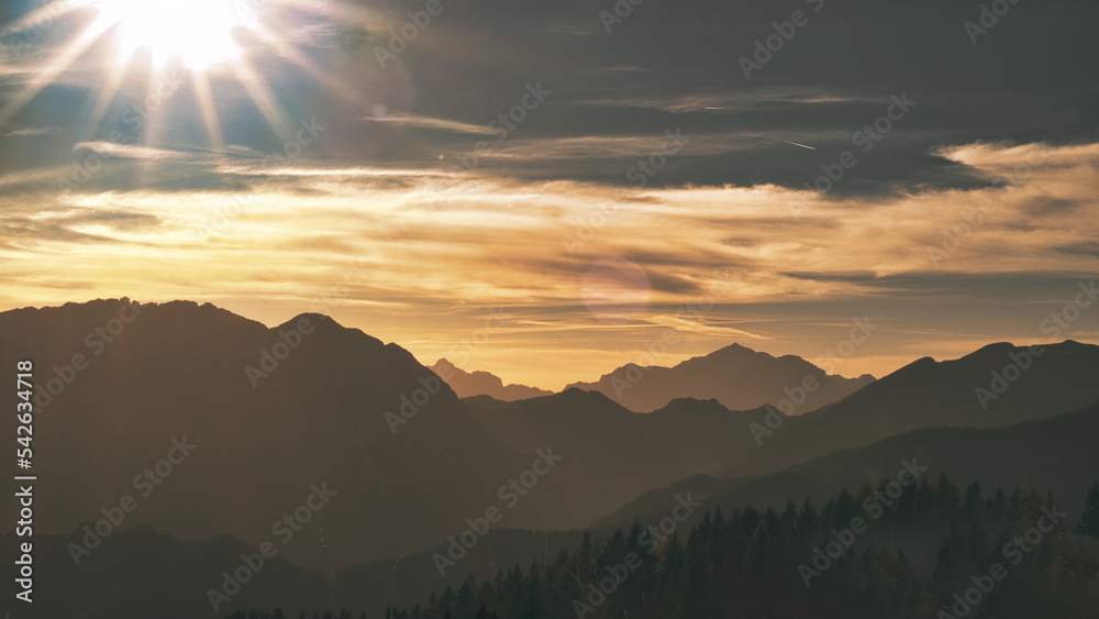 Landscape of mountains towards sunset