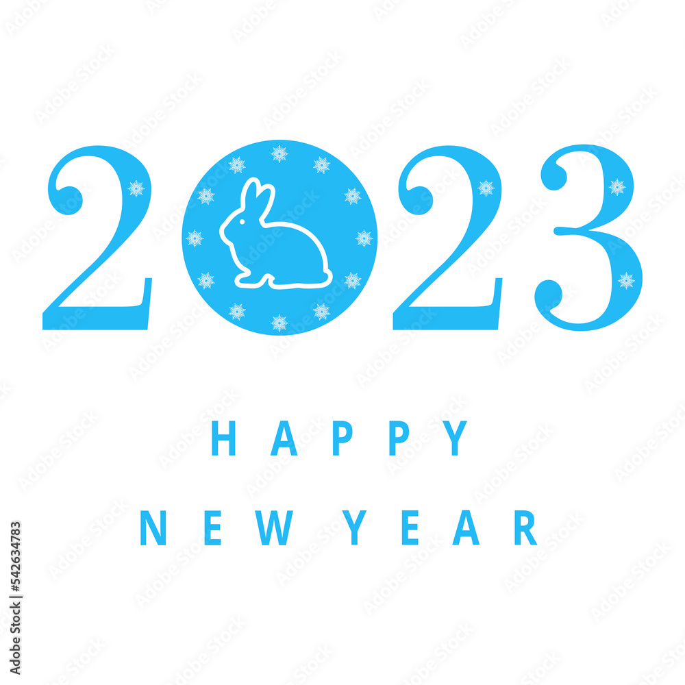 Fototapeta premium Happy New Year 2023 illustration.Cute rabbit with text on blue background.