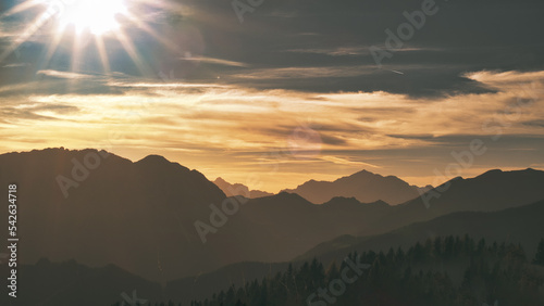 Landscape of mountains towards sunset