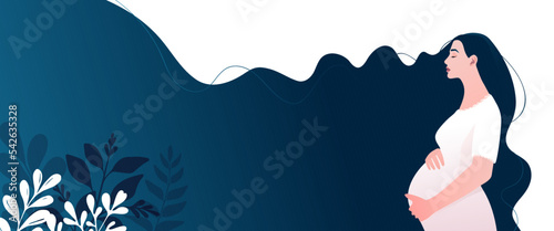 Modern banner about pregnancy and motherhood. Poster with a beautiful young pregnant woman with long hair