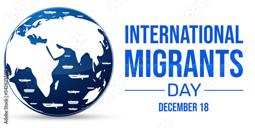 International Migrants day background with globe and boats floating in water on map. Migrants day backdrop photo
