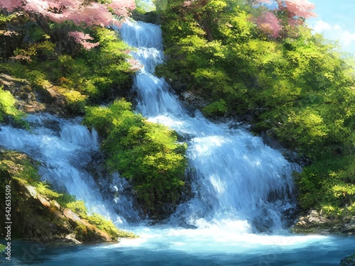mountain river waterfall illustration in a fantasy setting