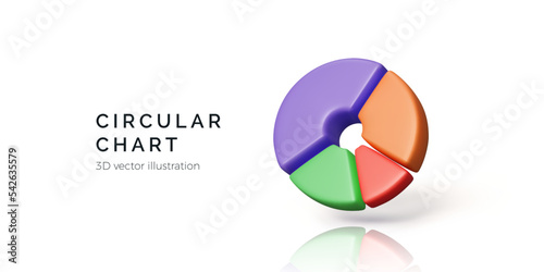 Pie chart divided into sections. 3D render of circular diagram with reflection and shadow isolated on white background