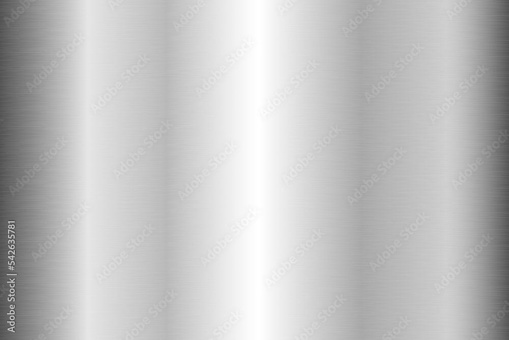 Silver foil background. Metal textured shiny gradient. Stainless glossy surface with reflection. Realistic chrome backdrop. Vector illustration.