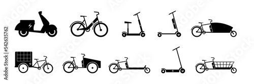 Electric bike icon set. Electro transport logo silhouette. Bicycle, scooter, motorbike, bakfiets. Flat vector illustration