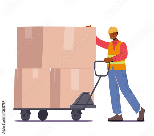 Worker in Uniform Driving Hand Truck with Stack of Carton Boxes. Cargo Transportation Storage and Warehouse Logistic