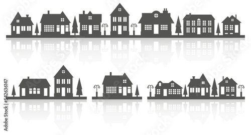 Silhouette of houses on the skyline. Suburban neighborhood landscape. Countryside cottage homes with reflection. Glyph vector illustration.