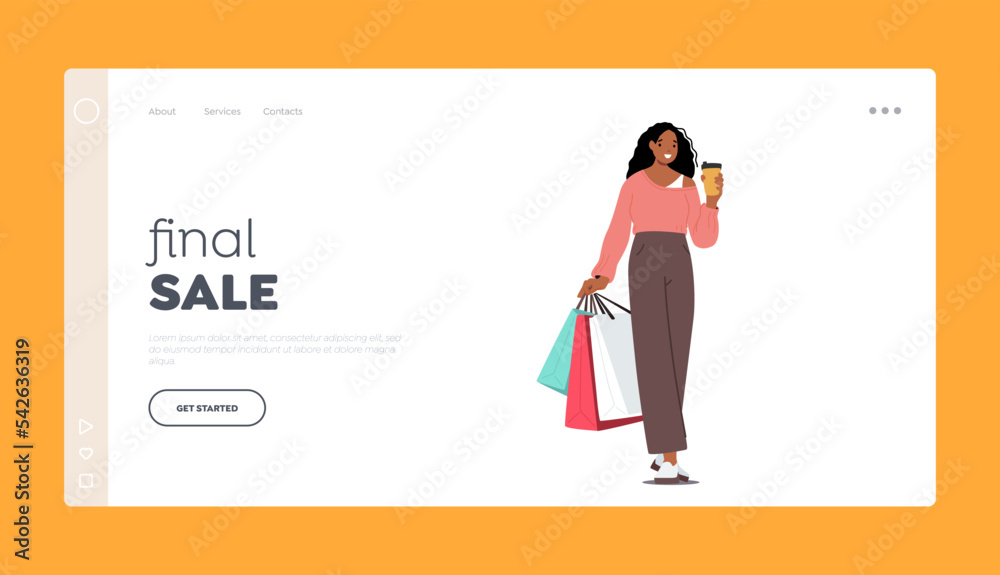 Final Sale, Discount Landing Page Template. Black Shopaholic Girl With Coffee And Purchases In Colorful Paper Bags